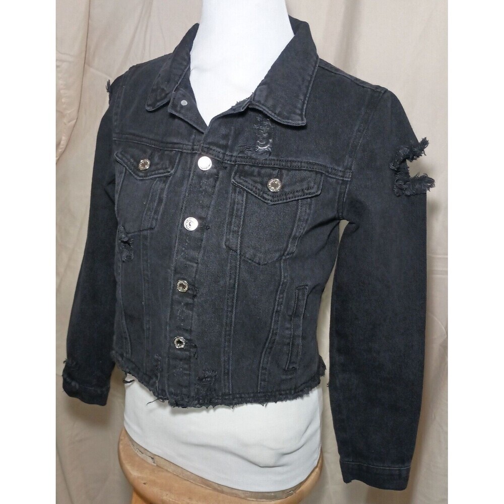Shein Women's Black Cropped Denim Jean Jacket Distressed Grunge Punk Holes Torn